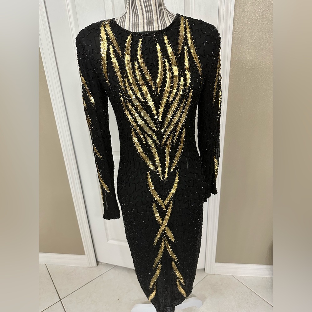 Vintage Carina silk beaded and gold sequined, long sleeved cocktail dress